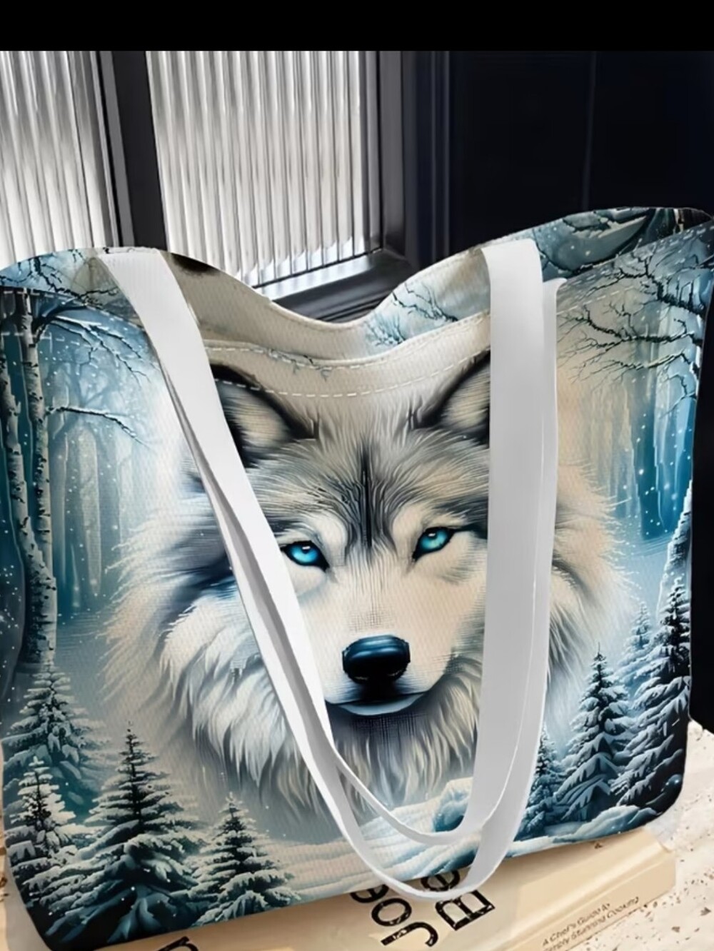 White Wolf Print Tote Bag in Blue-White